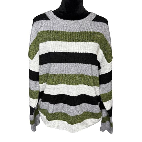 H Halston Women's sz Large Green Gray Black White Stripe Pullover Sweater LS - Picture 1 of 9